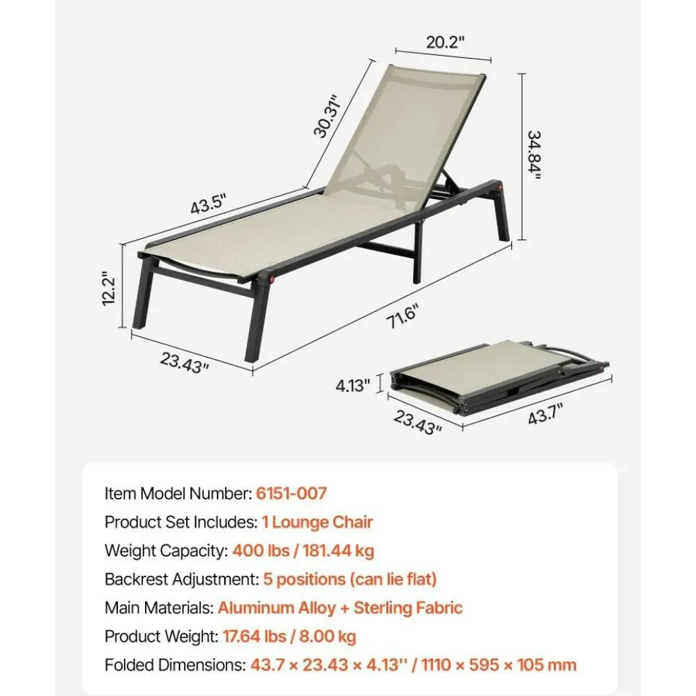 Outdoor Chaise Lounge Chair Foldable Aluminum Recliners 5 Positions