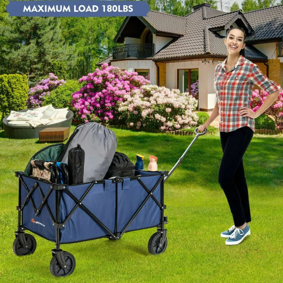 Outdoor Folding Utility Wagon Cart with Adjustable Handle and Cup Holder for All-Terrain Wheels