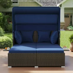 Outdoor Rattan Daybed with Retractable Canopy and Cushions, 58 Inch Patio Lounge Bed with Side Trays for Backyard Pool Deck Relaxation Sofa