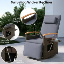 Outdoor Rattan Swivel Recliner Chairs, 2-Piece Patio Seating with 150° Adjustable Backrests, Cushions and Footrests