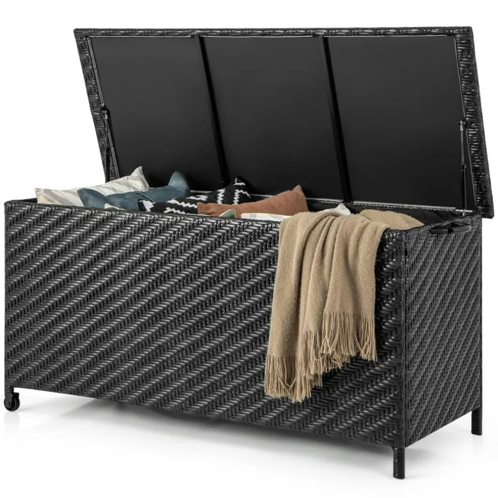 Outdoor Storage Box 85 Gal Rattan with Removable Liner and Universal Wheels