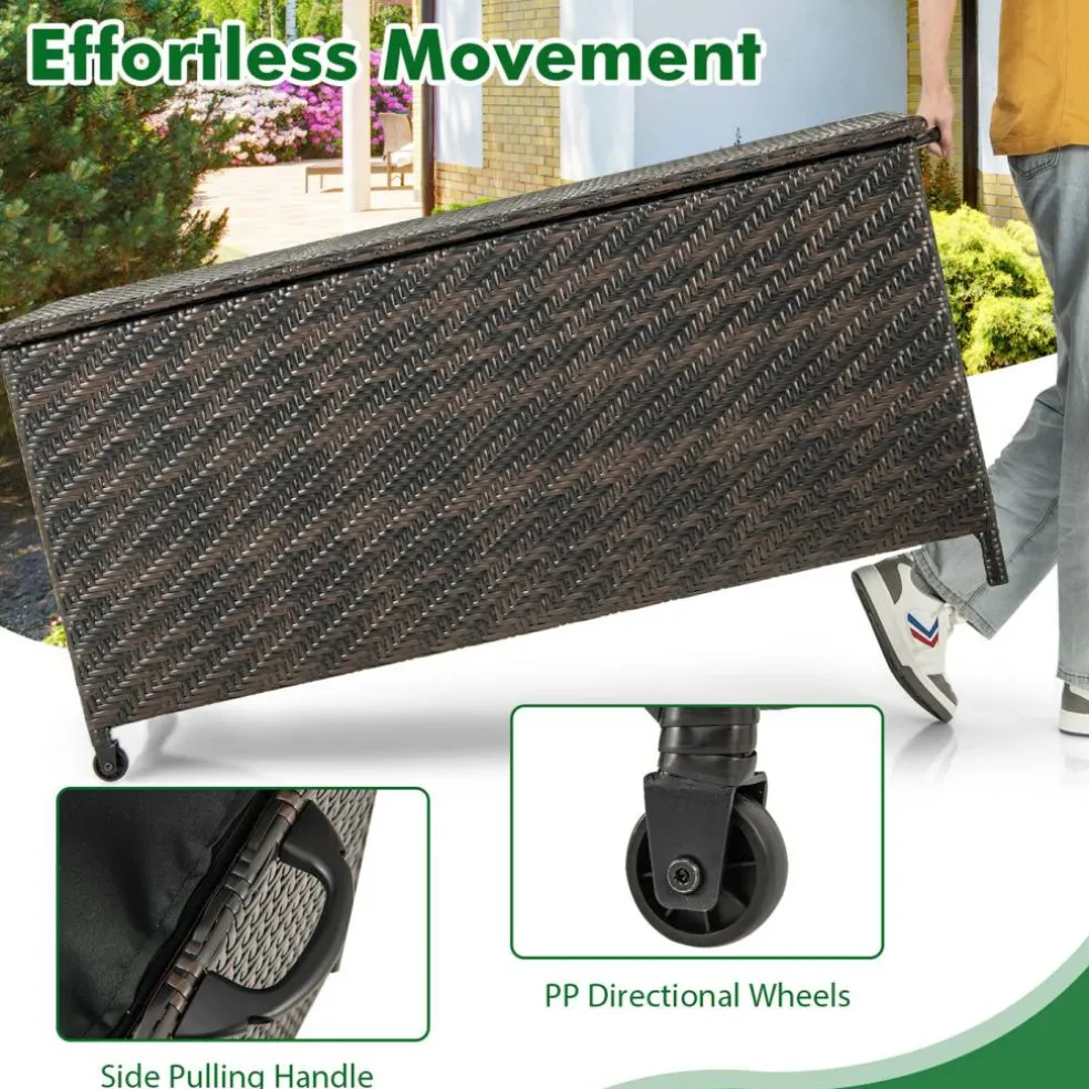 Outdoor Storage Box 85 Gal Rattan with Removable Liner and Universal Wheels