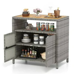 Outdoor Storage Cabinet Rattan Buffet Sideboard with Acacia Wood Top Metal Frame Patio Deck Garden Organizer