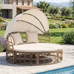 Outdoor Wicker Daybed, Yellow Rattan Patio Lounger with Retractable Canopy, White Cushions and Metal Frame