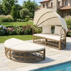 Outdoor Wicker Daybed, Yellow Rattan Patio Lounger with Retractable Canopy, White Cushions and Metal Frame