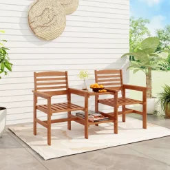 Outdoor Wooden Bistro Set 3 Piece Patio Seating Set with Table and Armchairs