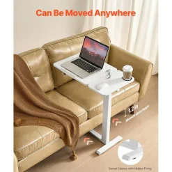 Overbed Table with Flip Top, Hidden Wheels & Cup Holder