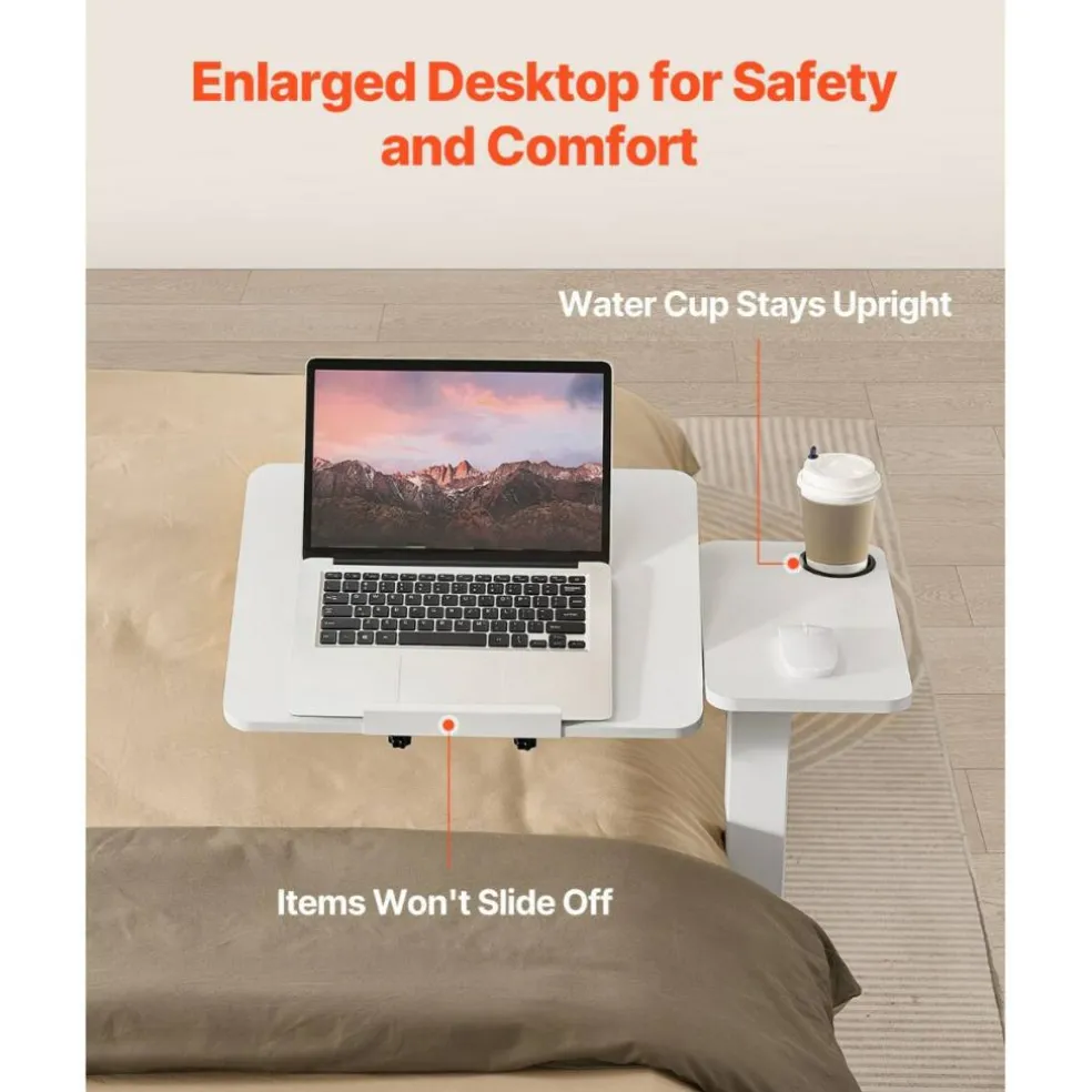 Overbed Table with Flip Top, Hidden Wheels & Cup Holder