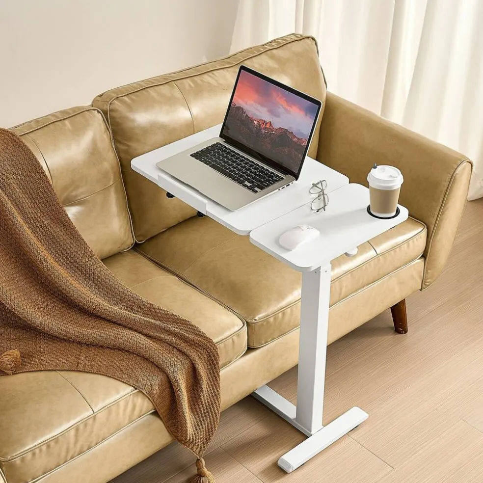 Overbed Table with Flip Top, Hidden Wheels & Cup Holder