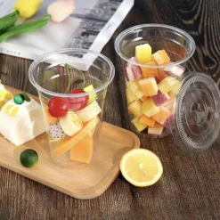 16 oz Clear Plastic Cups with Flat Lids and Straws Disposable