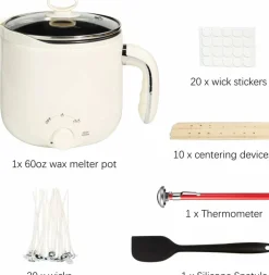 60oz Electric Wax Melter for Candle Making – Includes Thermometer, Wicks, Stickers, Centering Device & Spoon