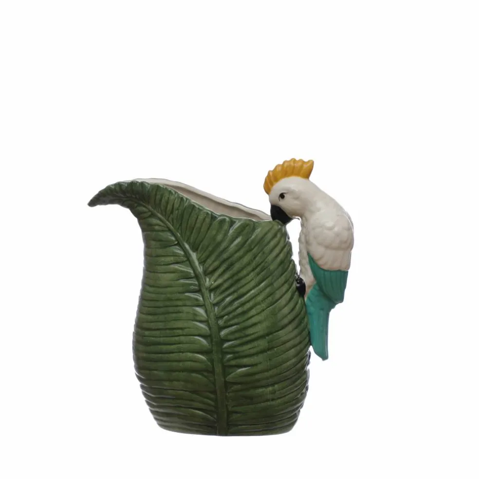 43.95oz. Green Tropical Ceramic Leaf Pitcher with Cockatoo Handle by Ashland®