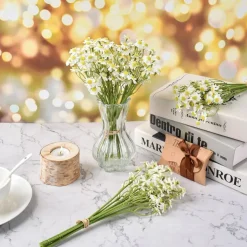 2 Pack Artificial Daisy Flowers Bouquet – Small Faux Silk White Tiny Daisies for Home Decor, Garden, Vase Filler, Wedding & Table Centerpiece Decoration