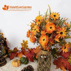 12 Pack Artificial Fall Flowers, 17 Inch Orange Autumn Floral Stems with Forsythia Picks, Sunflower and Daisy Faux Flower Branches for Home Table Vase Decor