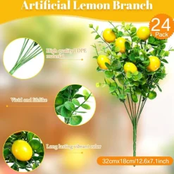 24 Pack Artificial Lemon Branches Faux Yellow Lemon Stems for Kitchen Table Centerpieces Spring Summer Farmhouse Home Vase Decoration