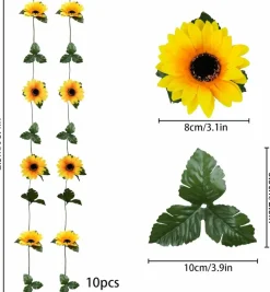 10 Pack Artificial Sunflower Garland, 8.2 Ft Silk Sunflower Vines with Green Leaves, Faux Hanging Flower Garlands for Home, Kitchen, Garden, Wedding Arch, Baby Shower & Party Decorations