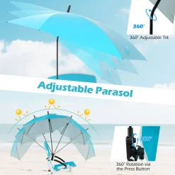 2 Pack Beach Umbrella Chair for Adults with Adjustable Parasol