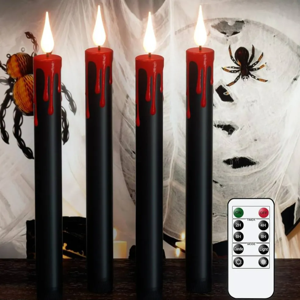 4-Pack Black Flameless Taper Candles – LED Halloween Decor with Remote & Timer, Battery Operated