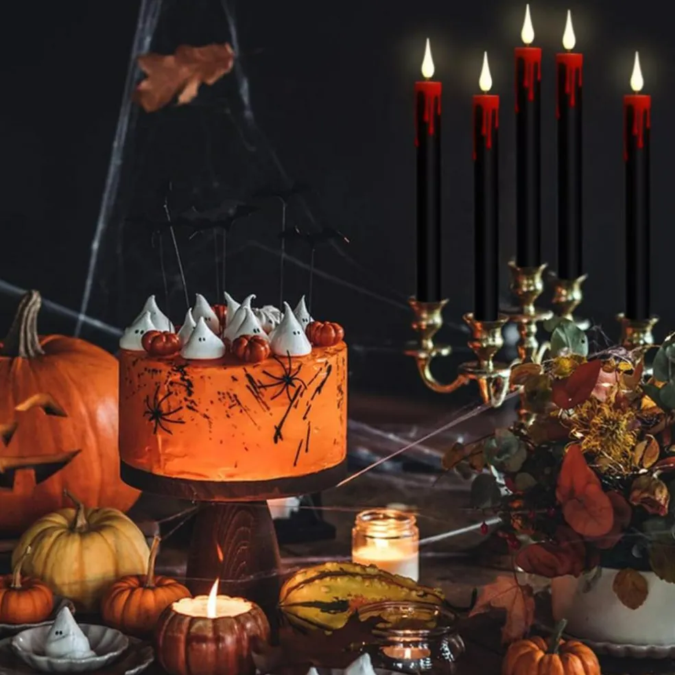 4-Pack Black Flameless Taper Candles – LED Halloween Decor with Remote & Timer, Battery Operated