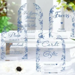 4 Pack Blue Floral Arch Acrylic Wedding Signs with Stands 5 x 7 Inch Guest Book Cards and Gifts Please Take One Loving Memory Table Sign Set for Ceremony Reception Bridal Shower