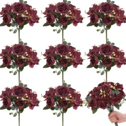 8 Pack Burgundy Artificial Peony & Hydrangea Flowers, Faux Silk Rose Bouquet for Wedding Centerpieces, Bridal Shower Decor, Valentine’s Day, Birthday Party, Home Table & Door Decorations