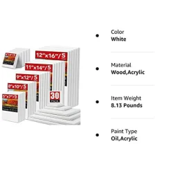 30 Pack Canvases for Painting with 4x4, 5x7, 8x10, 9x12, 11x14, 12x16, Painting Canvas for Oil & Acrylic Paint