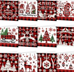 12 Pack Christmas Diamond Painting Greeting Card Kits, 5D DIY Rhinestone Christmas Cards with Envelopes, Red Plaid Holiday Cards for Adults, Handmade Xmas Crafts & Gifts for Family Friends