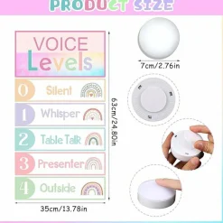 5-Pack Classroom Push Light & Voice Level Chart Set, Noise Monitor Poster LED Tap Lights, Battery Operated Behavior Control Educational Classroom Management Tool