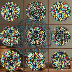 18 Pack Color Mandala Window Clings DIY Kit Stained Glass Kits for Adults Suncatchers for Windows Arts and Crafts DIY for Adults Mandala Sun Catcher for Beginner Teens, 6 x 6 Inches(Colorful)