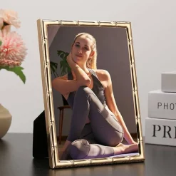 2-Pack Dark Gold Metal 5x7 Picture Frames with Bamboo Detail, Elegant Gold Plated Photo Frames with Velvet Backing & Glass for Desktop & Wall Décor, Nursery & Gift Frames