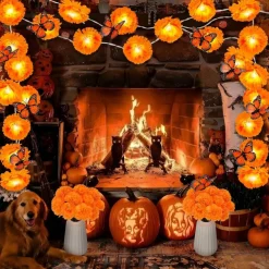 44 Pack Day of the Dead Decorations with 2 Lighted Marigold Garlands, 30 Artificial Marigold Flowers with Stems and 12 3D Butterflies, Dia de Los Muertos Decor for Halloween, Altar, Party, Wedding and Festival