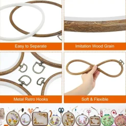 4 Pack Decorative Embroidery Hoops Set, Vintage Wood Grain Circle Oval Octagon Cross Stitch Frames, Imitation Wood Embroidery Rings for Hand Sewing, Needlework, Quilting, DIY Crafts, Wall Decor and Art Projects