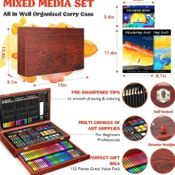 153-Pack Deluxe Wooden Art Set Crafts Drawing Painting Coloring Supplies Kit with 2 A4 Sketch Pads, Halloween Creative Gift Box for Adults Artist Beginners Kids Girls Boys