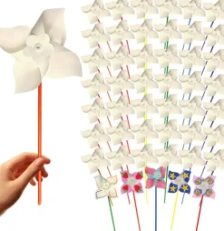 24 Pack DIY Pinwheel Craft Kit for Kids, Color Your Own Paper Windmill Summer Arts & Crafts Set, Patriotic 4th of July Pinwheels for Classroom, Party Favors & Outdoor Activities
