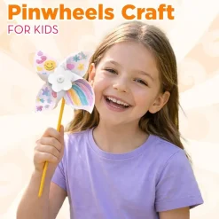 24 Pack DIY Pinwheel Craft Kit for Kids, Color Your Own Paper Windmill Summer Arts & Crafts Set, Patriotic 4th of July Pinwheels for Classroom, Party Favors & Outdoor Activities