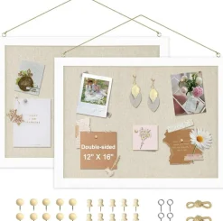 2-Pack Double-Sided Cork Board with Linen, Hanging Wood Framed Bulletin Board (Beige - 2pcs)
