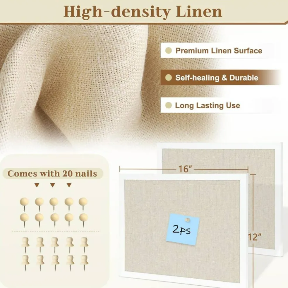 2-Pack Double-Sided Cork Board with Linen, Hanging Wood Framed Bulletin Board (Beige - 2pcs)