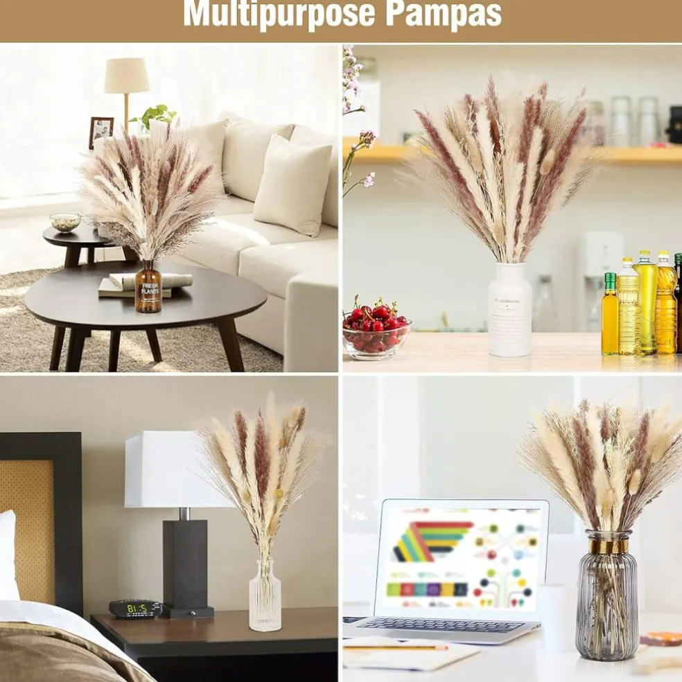 75-Pack Dried Fall Pampas Grass – White & Brown Pampas, Bunny Tail, Reed, Fluffy Dried Flowers for Home, Wedding, Table, Vase, Boho & Modern Decor