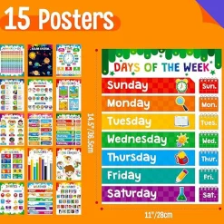 15-Pack Educational Posters Set for Kids – Waterproof 15 Pack Educational Learning Posters for Kids, Waterproof & Tear-Resistant Early Learning Wall Charts, Alphabet Animals Numbers Shapes Emotions Preschool Classroom Decor 14.5”x11”