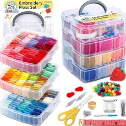 403 Pack Embroidery Floss Set, 250 Colors Cross Stitch Friendship Bracelet Thread with 153 Pcs Cross Stitch Tool, 4-Tier Transparent Box for Storage