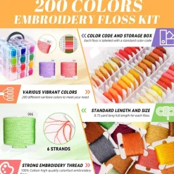 262 Pack Embroidery Thread Floss Kit Including 200 Colors 8 M/Pcs Cross Stitch Sewing Thread with Floss Bins and 62 Pcs Cross Stitch Tool,4-Tier Transparent Storage Box