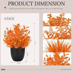 4 Pack Fall Artificial Plants in Black Pots, Mini Faux Autumn Foliage with Orange Leaves, Small Fake Plants for Shelf, Desk, Tabletop, Office, Bathroom & Halloween Decor