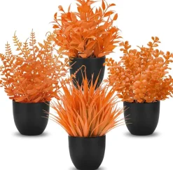 4 Pack Fall Artificial Plants in Black Pots, Mini Faux Autumn Foliage with Orange Leaves, Small Fake Plants for Shelf, Desk, Tabletop, Office, Bathroom & Halloween Decor