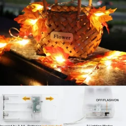 4 Pack Fall Decorations Maple Leaf Lights Garland, Total 40Ft 80LED Lights Battery Operated Fall Leaves Garland with Light Autumn Harvest Light String Home Indoor Outdoor Thanksgiving Decor