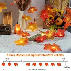 2 Pack Fall Decorations Maple Leaf Lights Garland Multicolored, 20Ft 40LED Battery Operated Fall Leaves Garland with Light String Wedding Autumn Harvest Table Porch Indoor Xmas Home Thanksgiving Decor