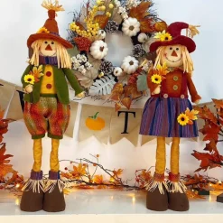 2 Pack Fall Decorations Scarecrow Figurines with Stretchable Legs, 28 Inch Standing Thanksgiving Harvest Scarecrows, Handmade Autumn Decor for Tabletop, Fireplace, Porch, Farmhouse Home, Office and Party Decoration