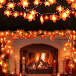 2 Pack Fall Decor Garland for Home, Total 20 Ft 60 LED Thanksgiving Maple Leaves Fall Lights Garland with Battery Operated Waterproof Autumn Harvest Halloween Christmas Decoration for Indoor Outdoor