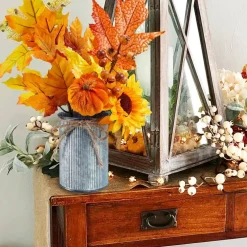 3 Pack Fall Faux Potted Plants with Pumpkins, Sunflowers & Maple Leaves, Rustic Artificial Thanksgiving Harvest Floral Arrangements in Metal Pots for Autumn Table Centerpieces, Mantel, Kitchen & Home Decor