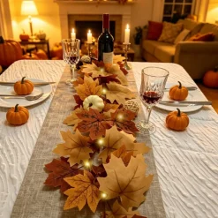 2 Pack Fall Garland with Lights-Total 12Ft Autumn Leaves Garland for Mantle Fireplace-Brown Fall Decor for Front Door with Pumpkins Indoor Maple for Stairs Porch Thanksgiving Decorations