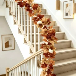 2 Pack Fall Garland with Lights-Total 12Ft Autumn Leaves Garland for Mantle Fireplace-Brown Fall Decor for Front Door with Pumpkins Indoor Maple for Stairs Porch Thanksgiving Decorations